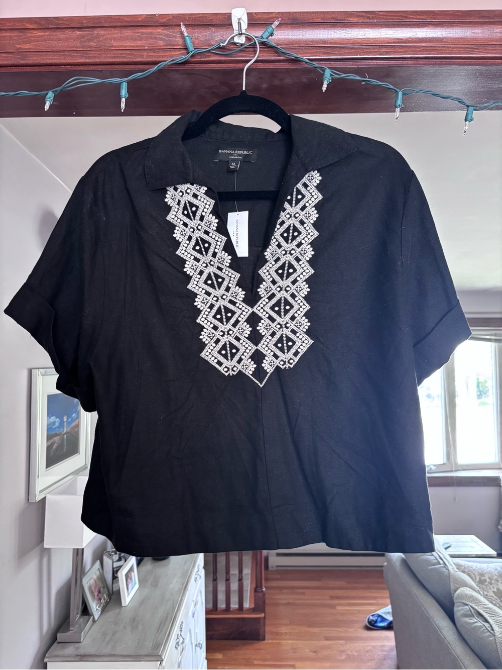 Banana Republic Black Linen Top with White Geometric Embroidery